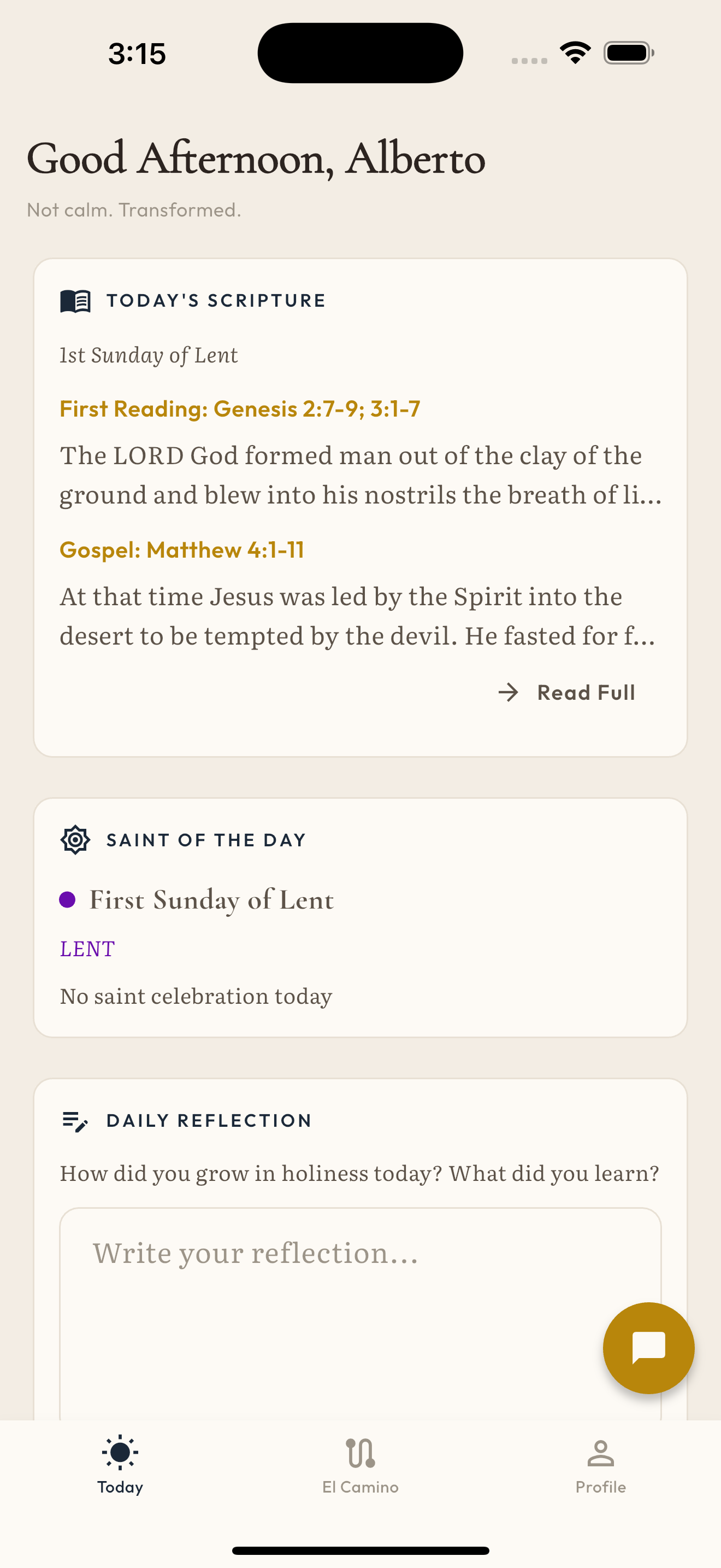 Today screen showing daily saint and meditation